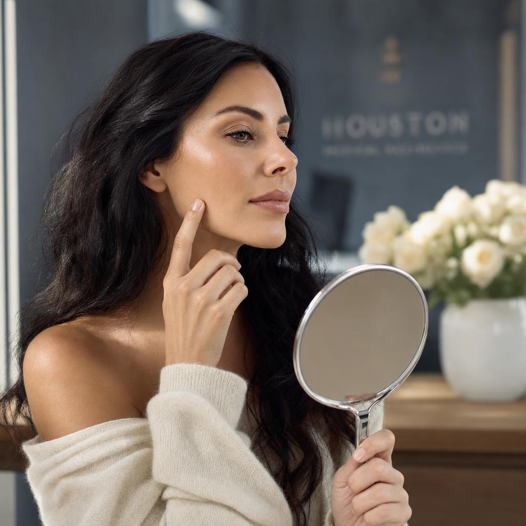 A client thoughtfully assessing her own skin in a hand mirror at The Refined Co studio in Houston