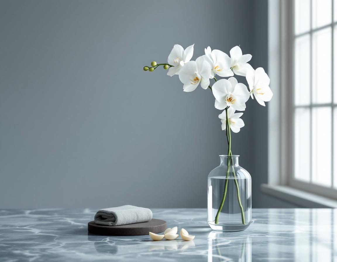 Minimalist still life — white orchid in glass vase on marble representing a clinical med spa environment