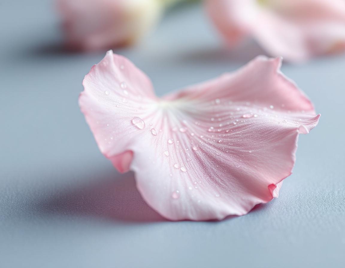 Editorial macro of a dewy blush rose petal — lip enhancement with hyaluronic acid filler