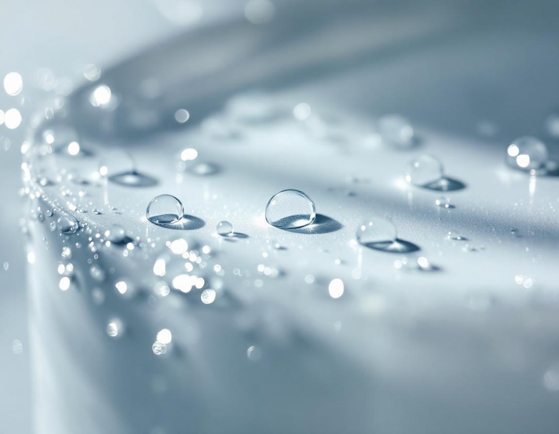 Editorial macro of water droplets on porcelain — microneedling skin rejuvenation