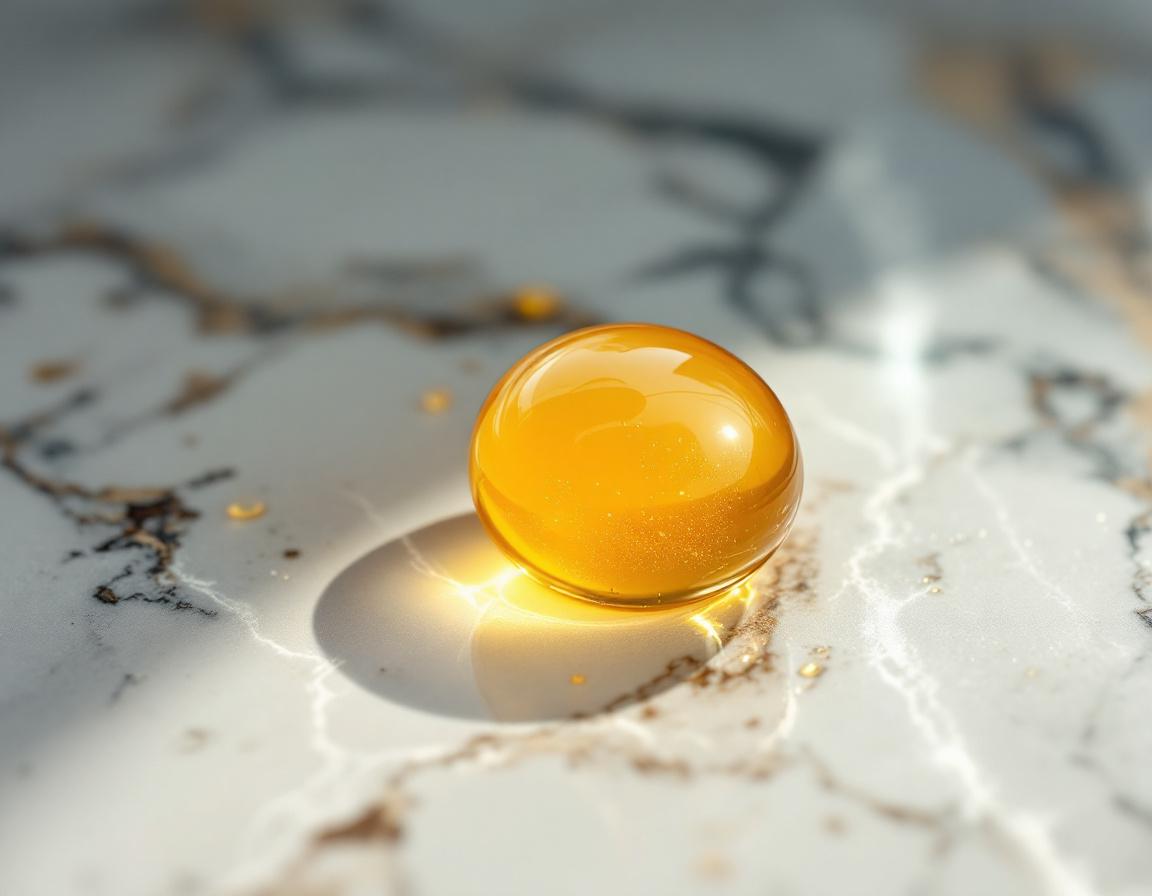 Editorial still life — amber droplet on marble representing biostimulator versus filler injectables